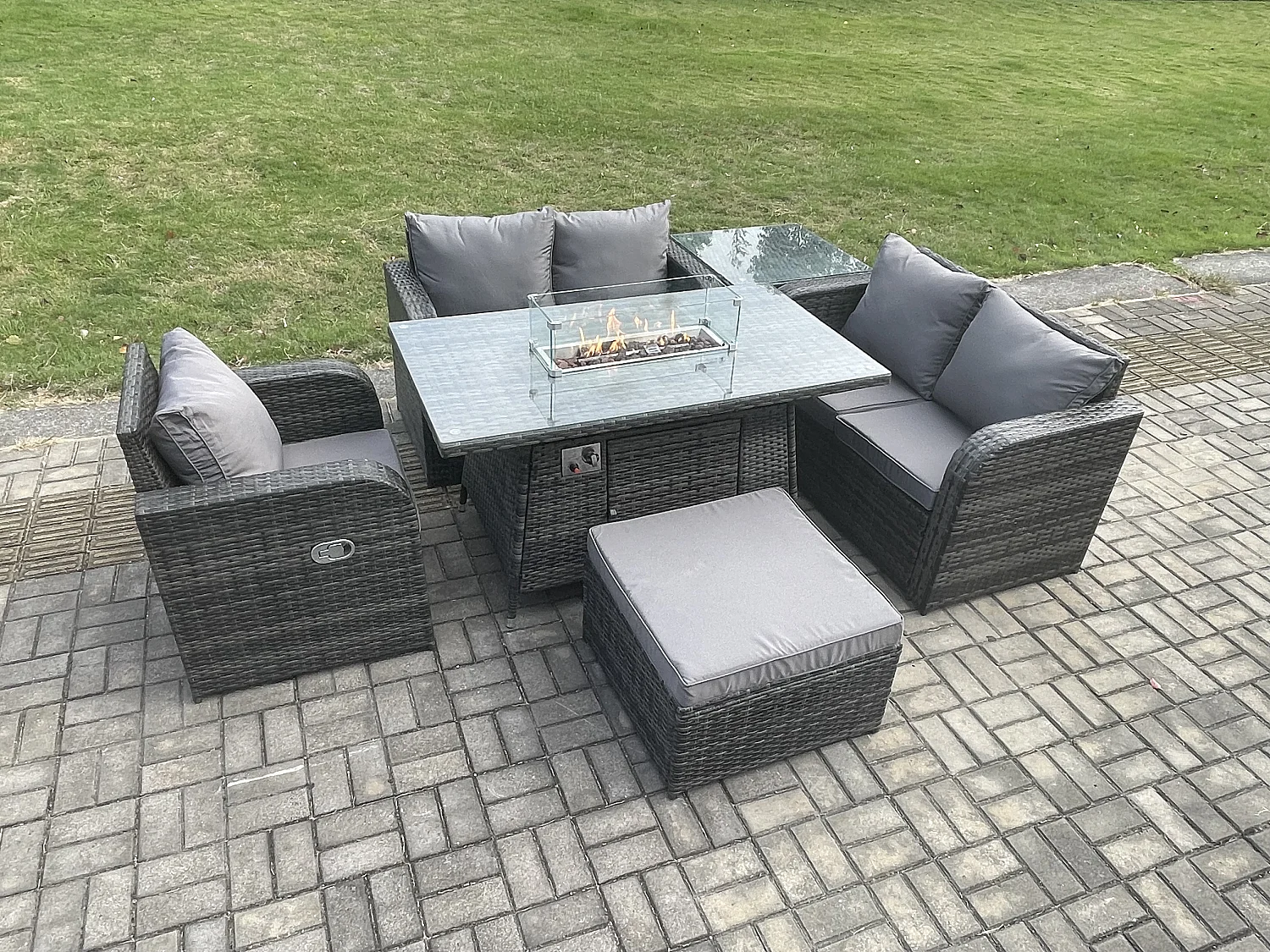 6-Sitzer Gartensofa Set mit Gas Feuerstelle Dunkelgrau