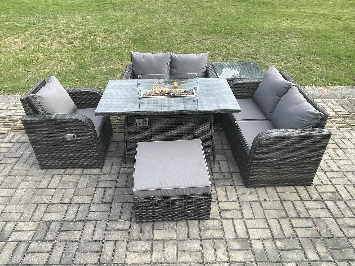 6-Sitzer Gartensofa Set mit Gas Feuerstelle Dunkelgrau