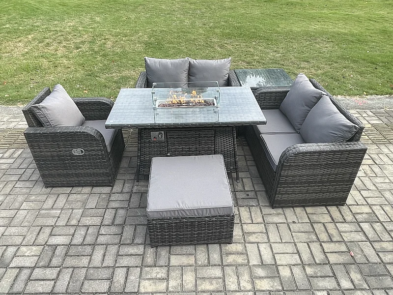 6-Sitzer Gartensofa Set mit Gas Feuerstelle Dunkelgrau