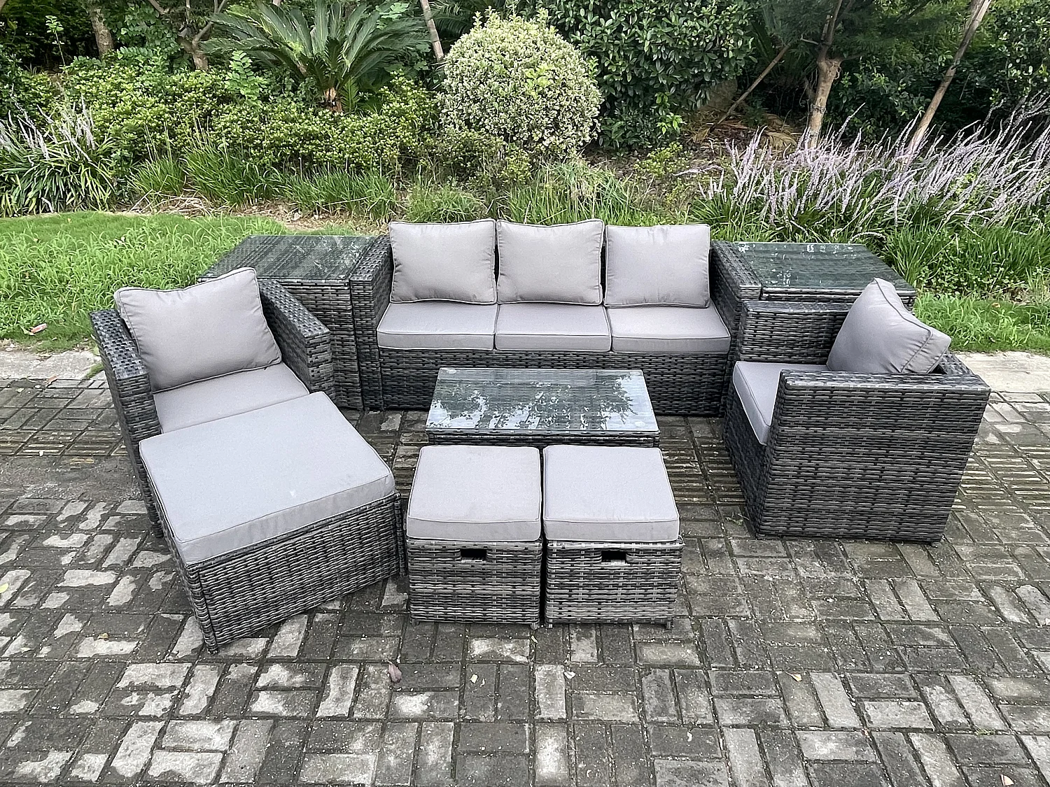 Fimous 8 Seater Rattan Garden Furniture Set Outdoor Patio Sofa Set with 2 Armchairs 2 Side Tables Oblong Table 3 Footstools Dark Grey Mixed