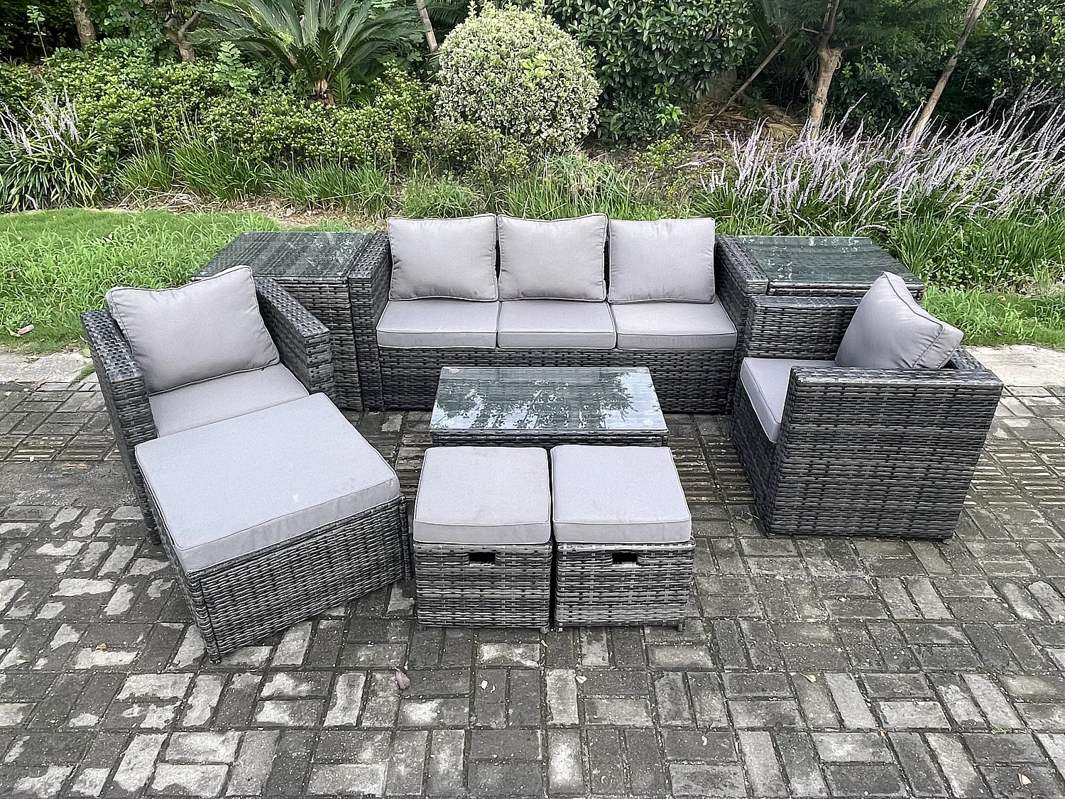 Fimous 8 Seater Rattan Garden Furniture Set Outdoor Patio Sofa Set with 2 Armchairs 2 Side Tables Oblong Table 3 Footstools Dark Grey Mixed