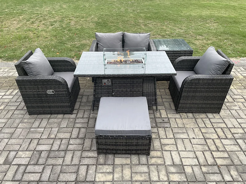 Gartengarnitur Polyrattan mit Gas Feuertisch 5-Sitzer