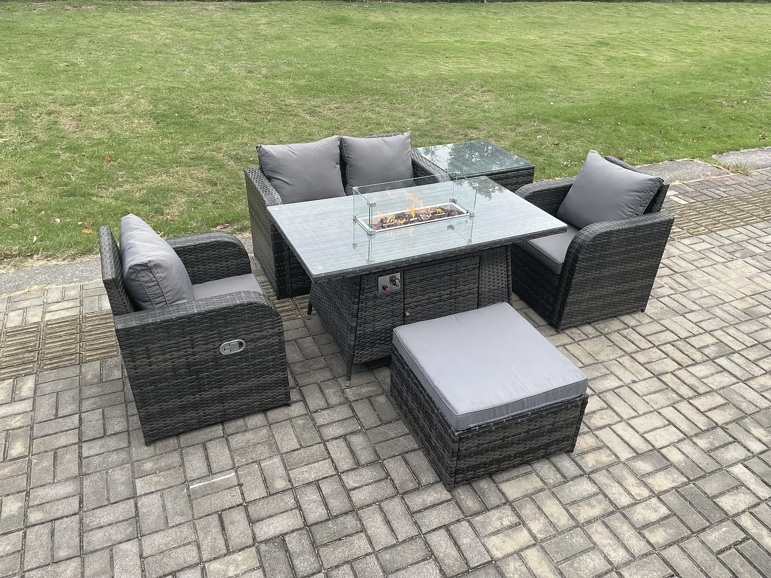 Gartengarnitur Polyrattan mit Gas Feuertisch 5-Sitzer