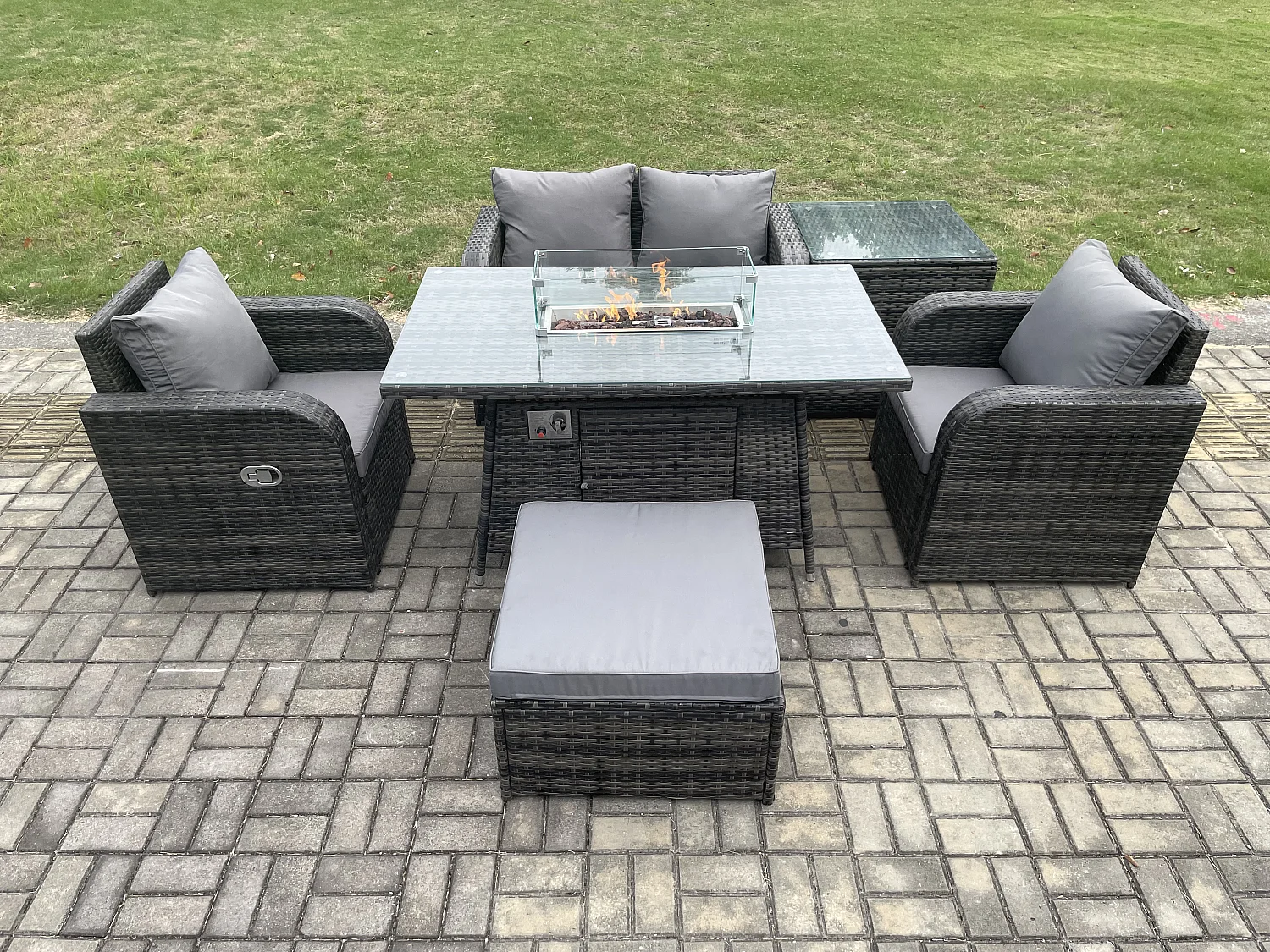 Gartengarnitur Polyrattan mit Gas Feuertisch 5-Sitzer