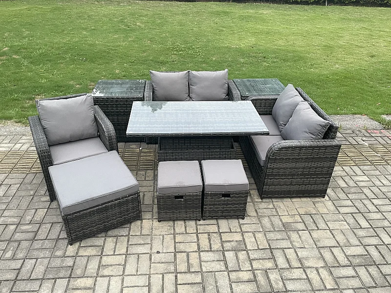 Polyrattan Gartenmöbel Set mit Esstisch 8-Sitzer Dunkelgrau