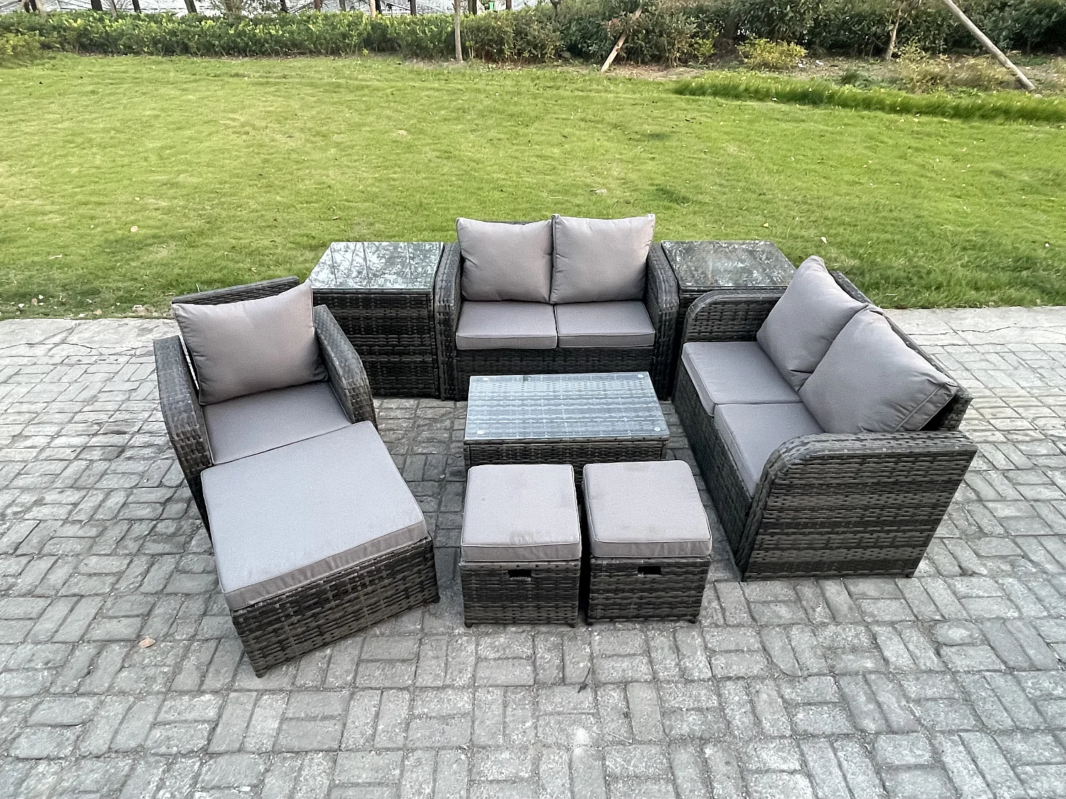 Polyrattan Gartenmöbel 9er-Set Sitzgruppe Terrasse Dunkelgrau