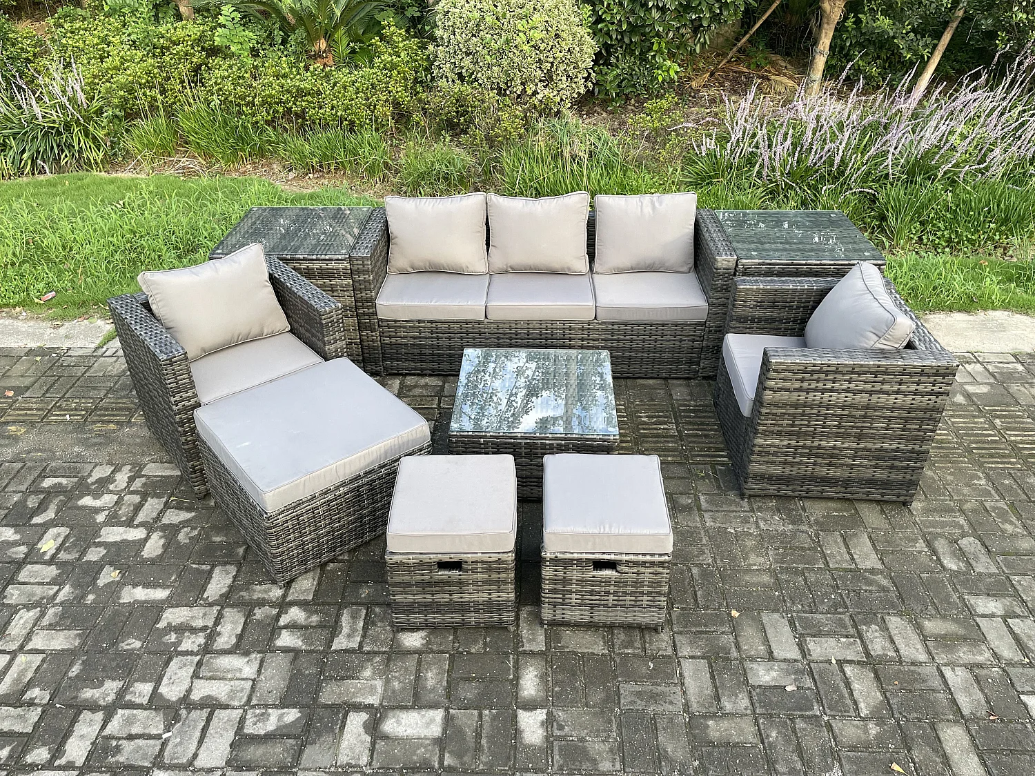 Fimous Wicker Rattan Garden Furniture Sofa Set with 2 Side Tables Armchair Square Coffee Table 3 Footstools 8 Seater Outdoor Rattan Set Dark Grey Mixed