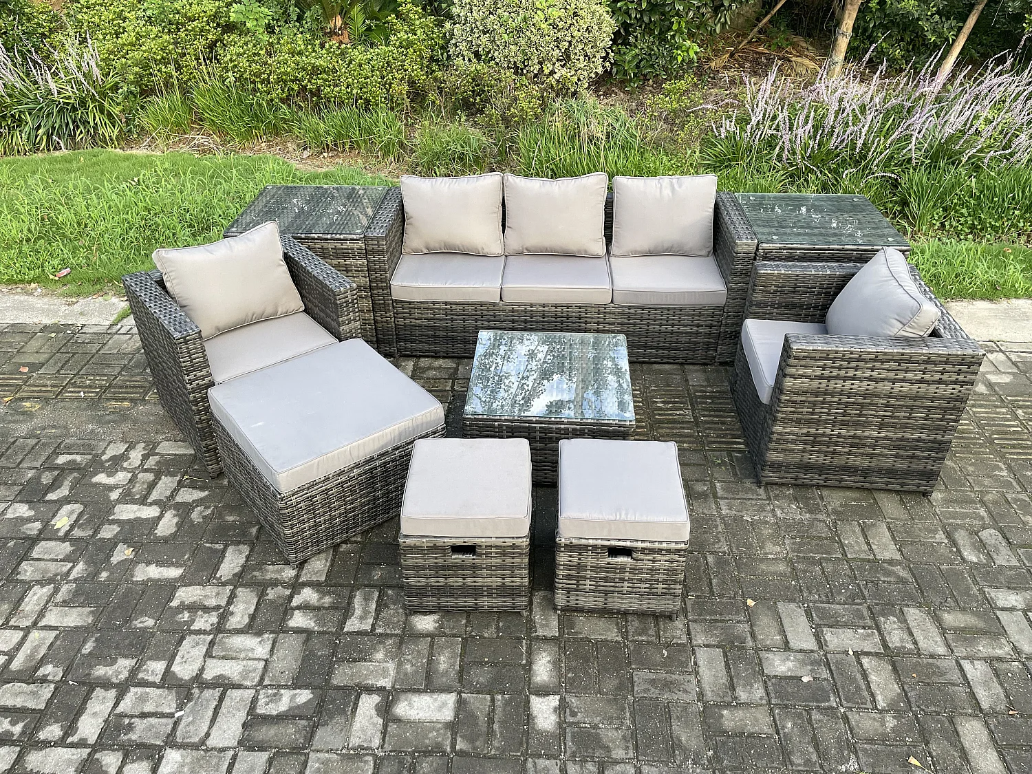 Fimous Wicker Rattan Garden Furniture Sofa Set with 2 Side Tables Armchair Square Coffee Table 3 Footstools 8 Seater Outdoor Rattan Set Dark Grey Mixed
