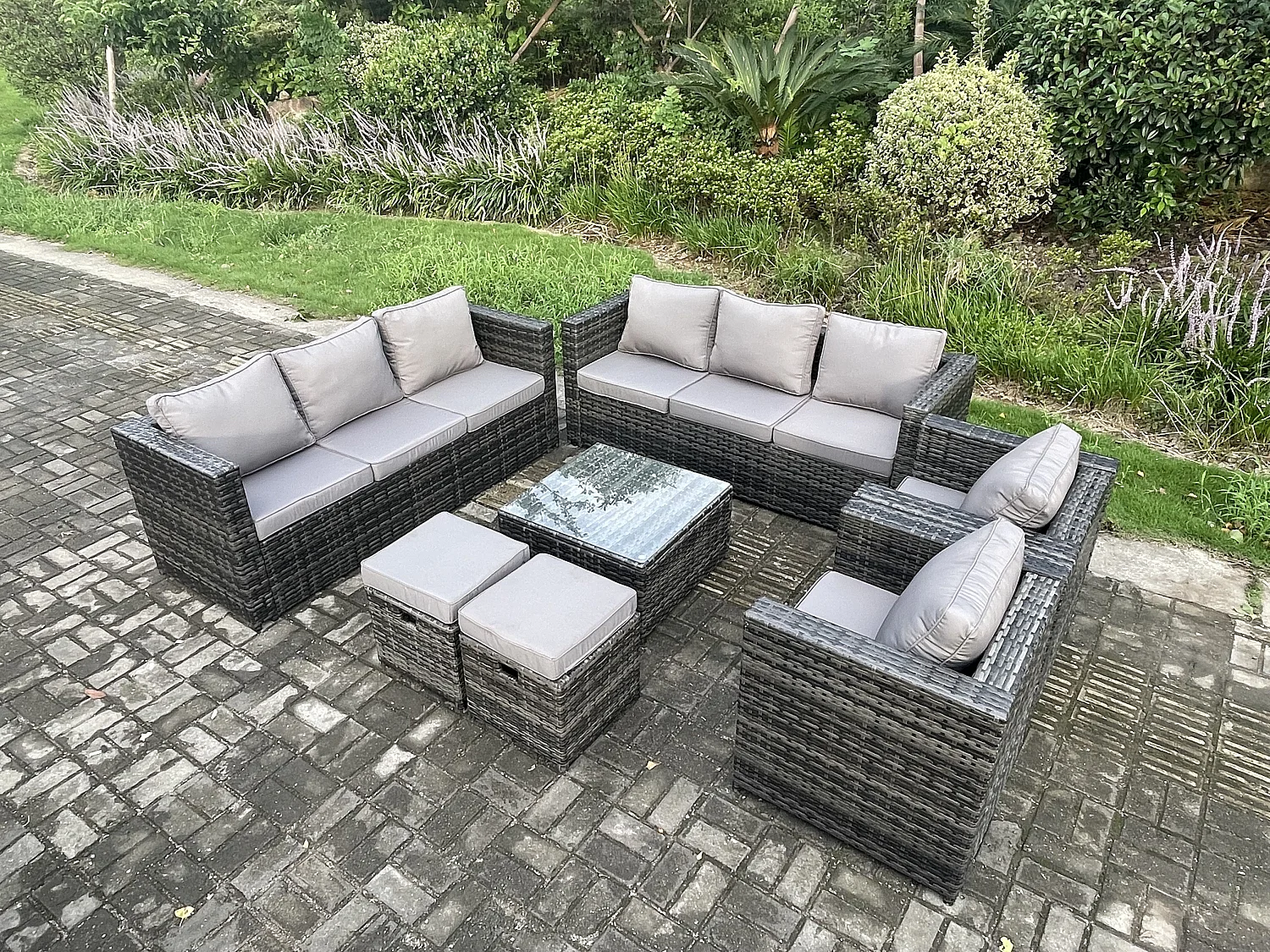 Fimous 10 Seater Rattan Garden Furniture Sofa Set with 2 Armchairs Square Coffee Table 2 Small Footstools Indoor Side Table Outdoor Rattan Set Dark Grey Mixed