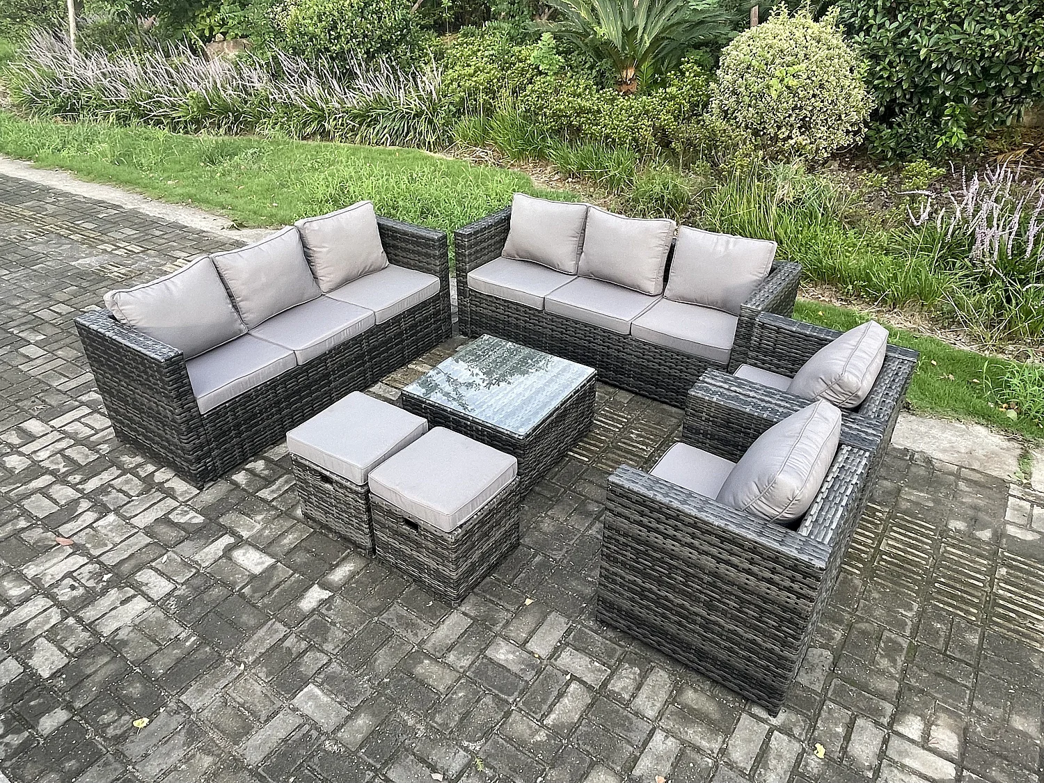 Fimous 10 Seater Rattan Garden Furniture Sofa Set with 2 Armchairs Square Coffee Table 2 Small Footstools Indoor Side Table Outdoor Rattan Set Dark Grey Mixed