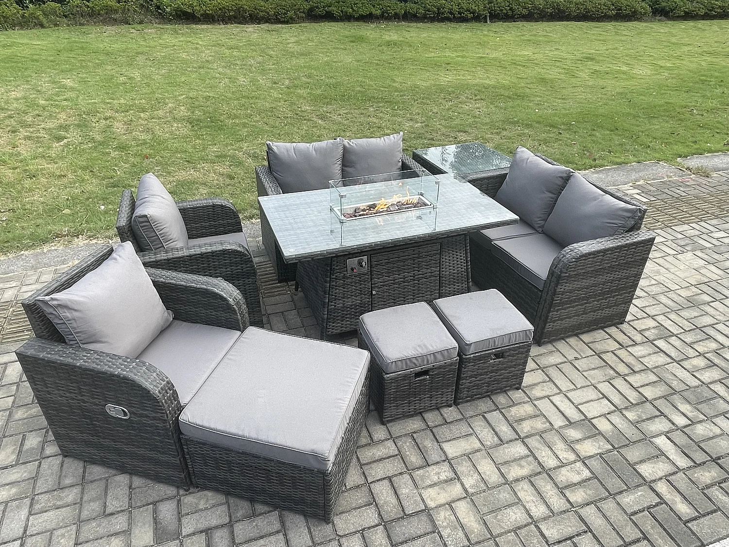 Gartensofa Garnitur mit Gas Feuerstelle Dunkelgrau 9-Sitzer