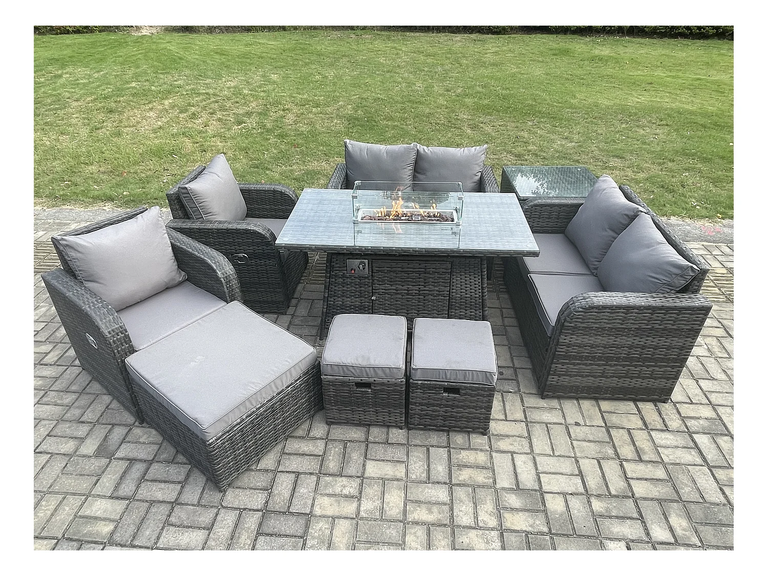 Gartensofa Garnitur mit Gas Feuerstelle Dunkelgrau 9-Sitzer
