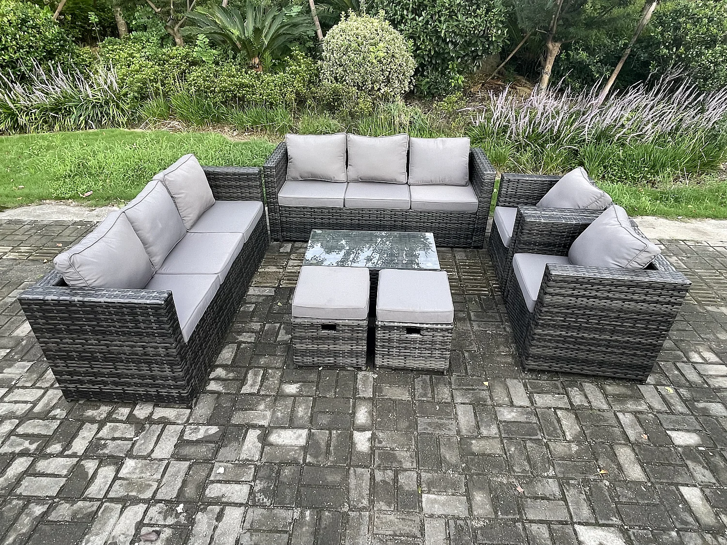 Fimous Wicker PE Rattan Sofa Set Outdoor Patio Garden Furniture with 2 Armchairs Oblong Coffee Table 2 Small Footstools Dark Grey Mixed
