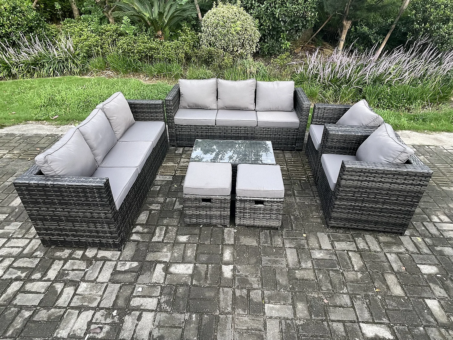 Fimous Wicker PE Rattan Sofa Set Outdoor Patio Garden Furniture with 2 Armchairs Oblong Coffee Table 2 Small Footstools Dark Grey Mixed
