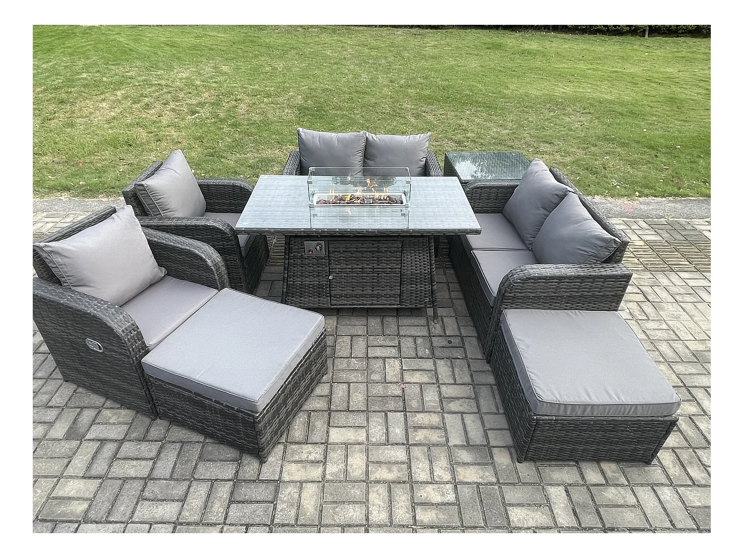 Gartensofa Garnitur mit Gas Feuerstelle Dunkelgrau 8-Sitzer