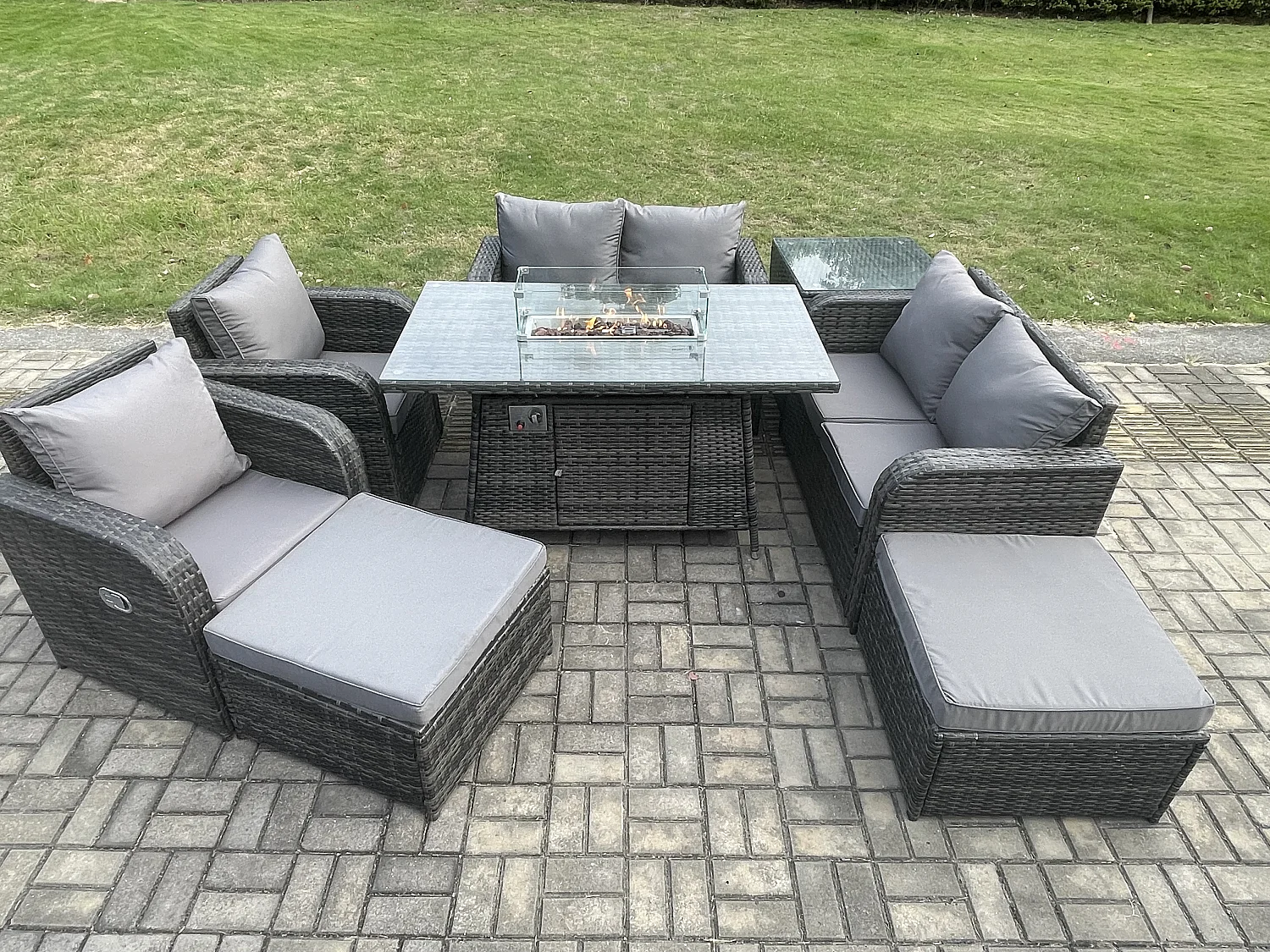 Gartensofa Garnitur mit Gas Feuerstelle Dunkelgrau 8-Sitzer