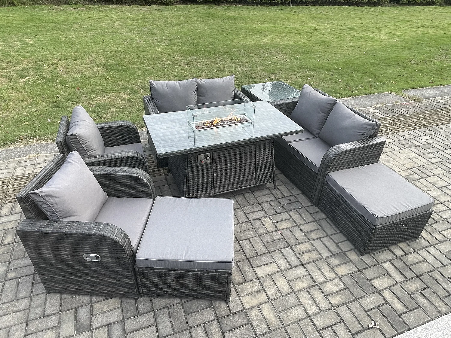 Gartensofa Garnitur mit Gas Feuerstelle Dunkelgrau 8-Sitzer