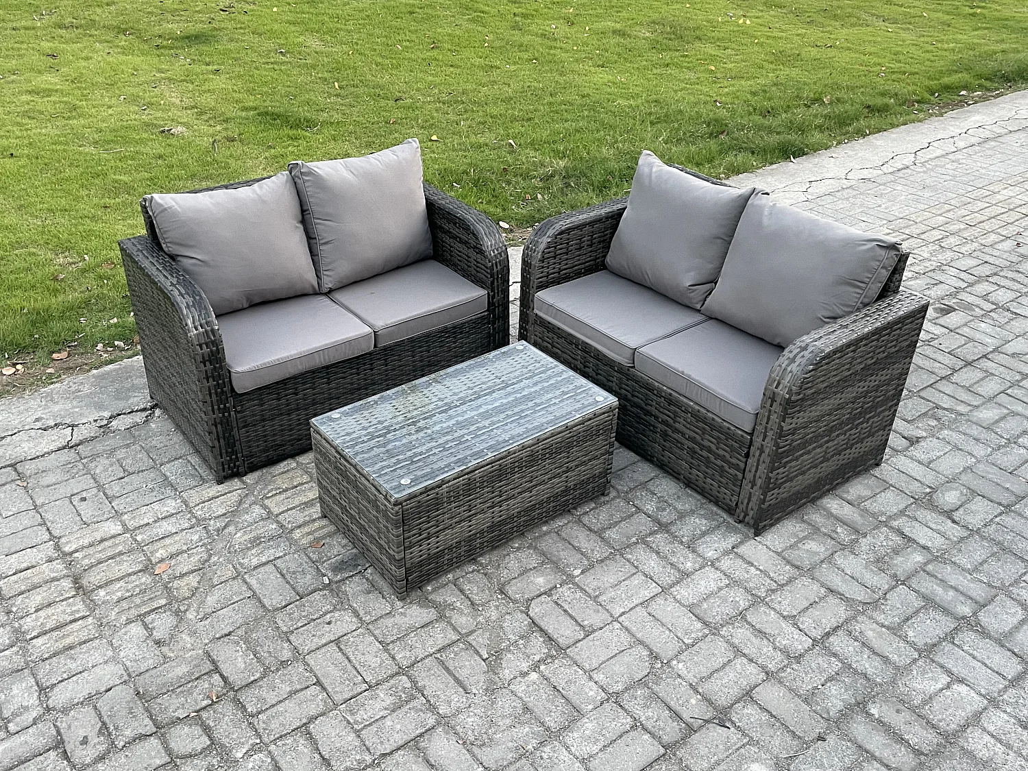 Fimous 4 Seater Outdoor Lounge Sofa Set Rattan Garden Furniture Set with Rectangular Coffee Table Dark Grey Mixed