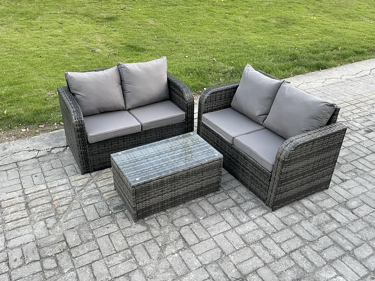 Fimous 4 Seater Outdoor Lounge Sofa Set Rattan Garden Furniture Set with Rectangular Coffee Table Dark Grey Mixed