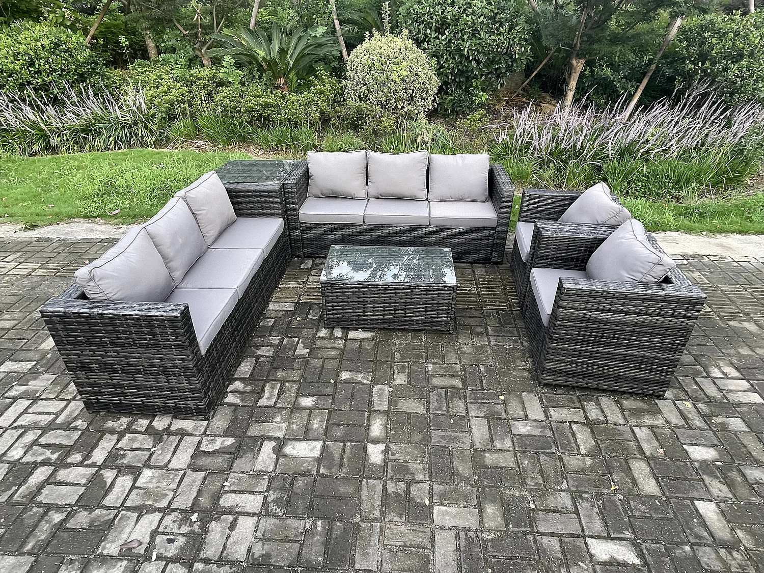Fimous 8 Seater Outdoor Lounge Sofa Set Wicker PE Rattan Garden Furniture Set with 2 Armchair Oblong Coffee Table Side Table Dark Grey Mixed