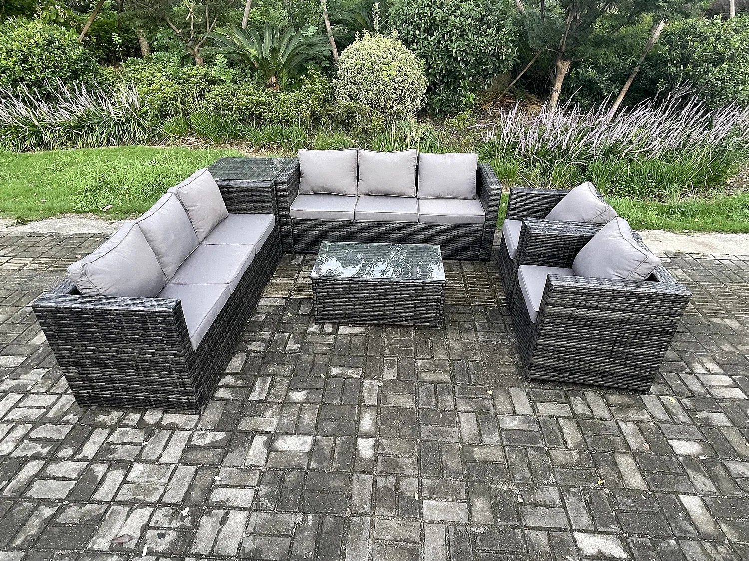 Fimous 8 Seater Outdoor Lounge Sofa Set Wicker PE Rattan Garden Furniture Set with 2 Armchair Oblong Coffee Table Side Table Dark Grey Mixed