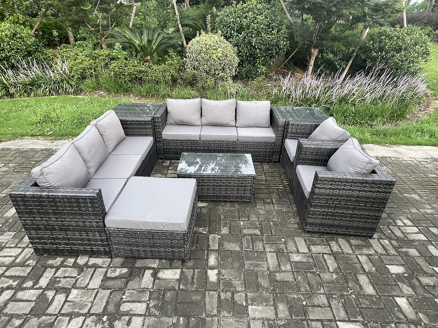 Fimous Outdoor Lounge Sofa Set Wicker PE Rattan Garden Furniture Set with 2 Armchairs Oblong Coffee Table 2 Side Tables Big Footstool Dark Grey Mixed