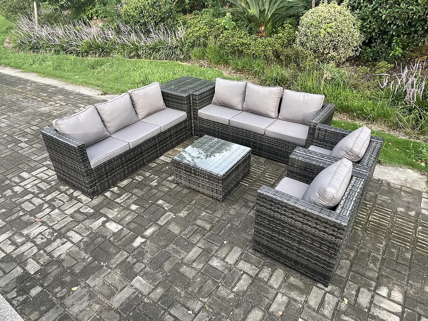 Fimous 8 Seater Rattan Garden Furniture Set Patio Outdoor Lounge Sofa Set with 2 Armchairs Side Table Square Coffee Table Dark Grey Mixed