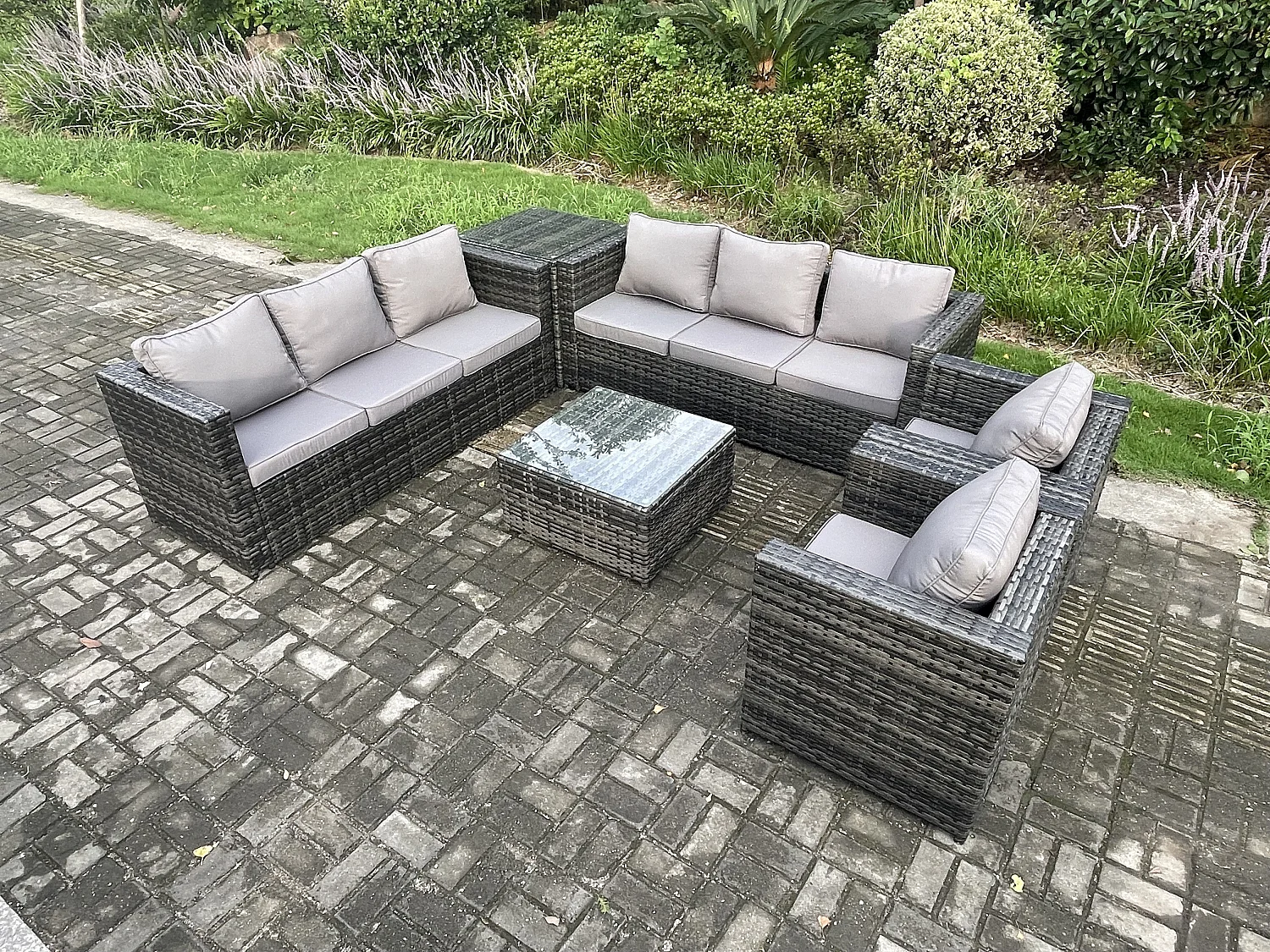Fimous 8 Seater Rattan Garden Furniture Set Patio Outdoor Lounge Sofa Set with 2 Armchairs Side Table Square Coffee Table Dark Grey Mixed