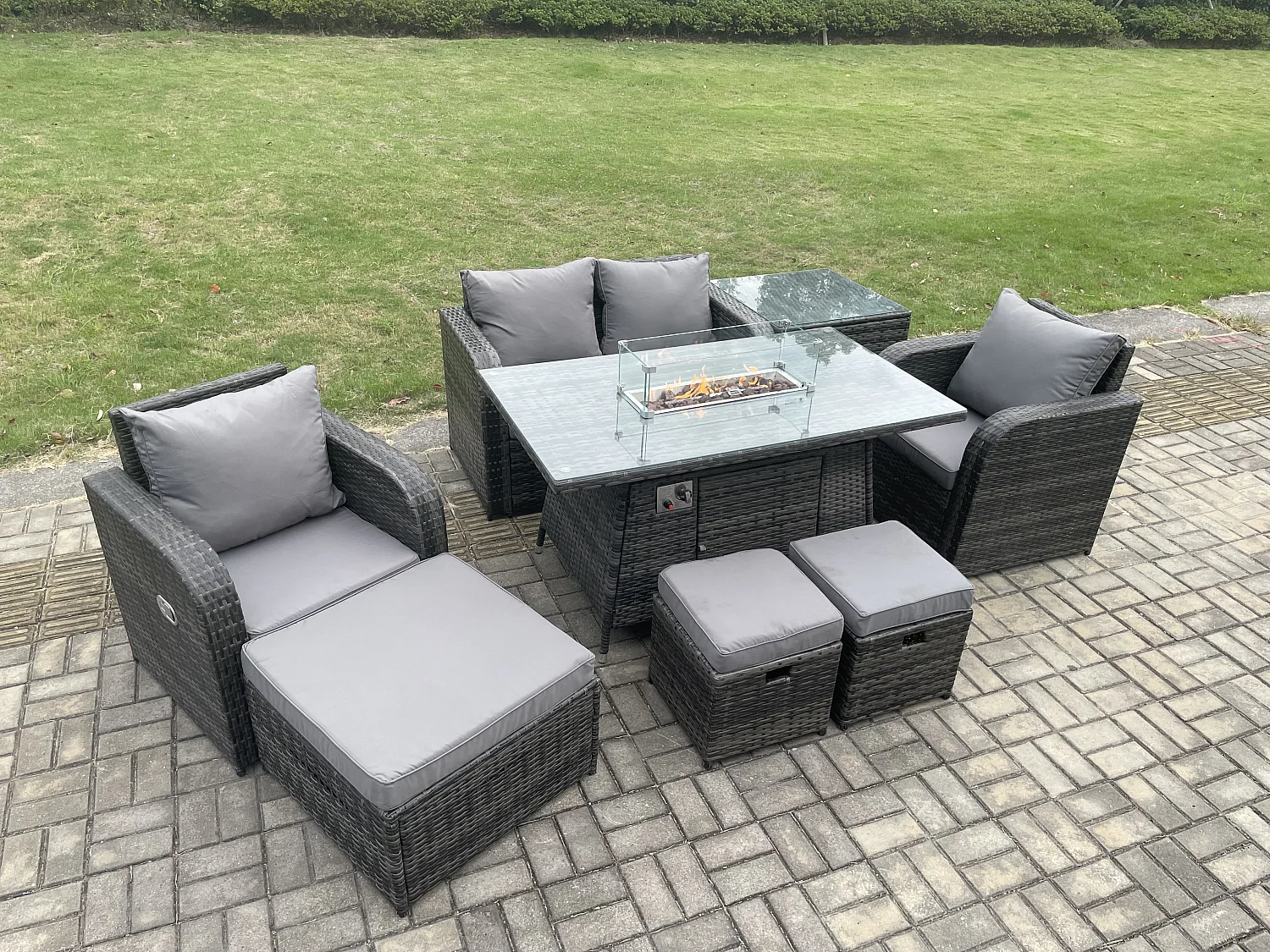 Gartengarnitur Polyrattan mit Gas Feuertisch 7-Sitzer