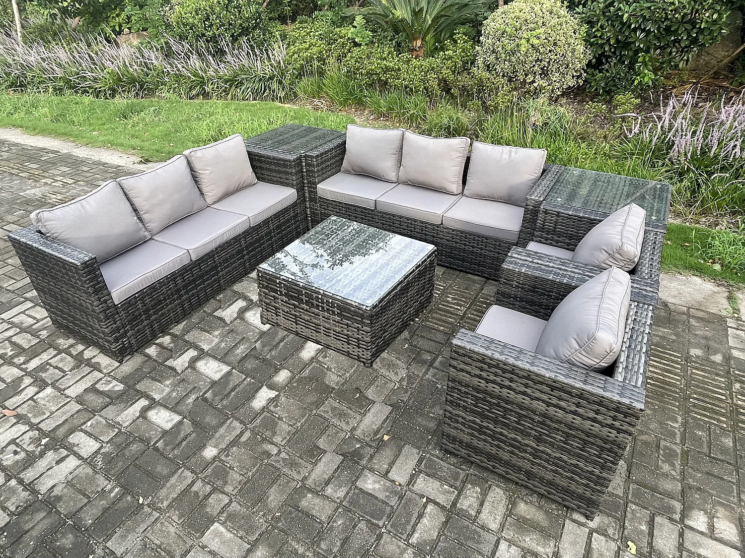 Fimous 8 Seater Rattan Garden Furniture Sofa Set with 2 Armchairs Square Coffee Table 2 Side Tables Indoor Side Table Outdoor Rattan Set Dark Grey Mixed