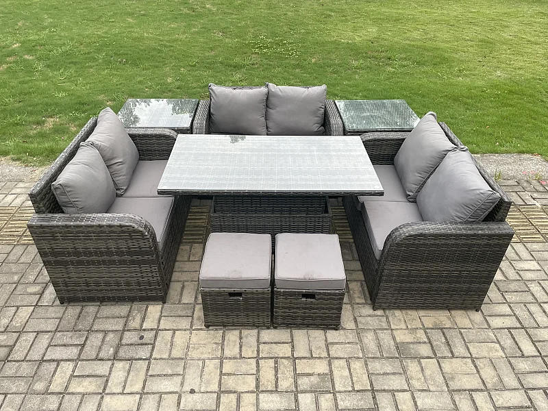 Polyrattan Gartenmöbel Set mit Esstisch Hocker Sofa 8-Sitzer