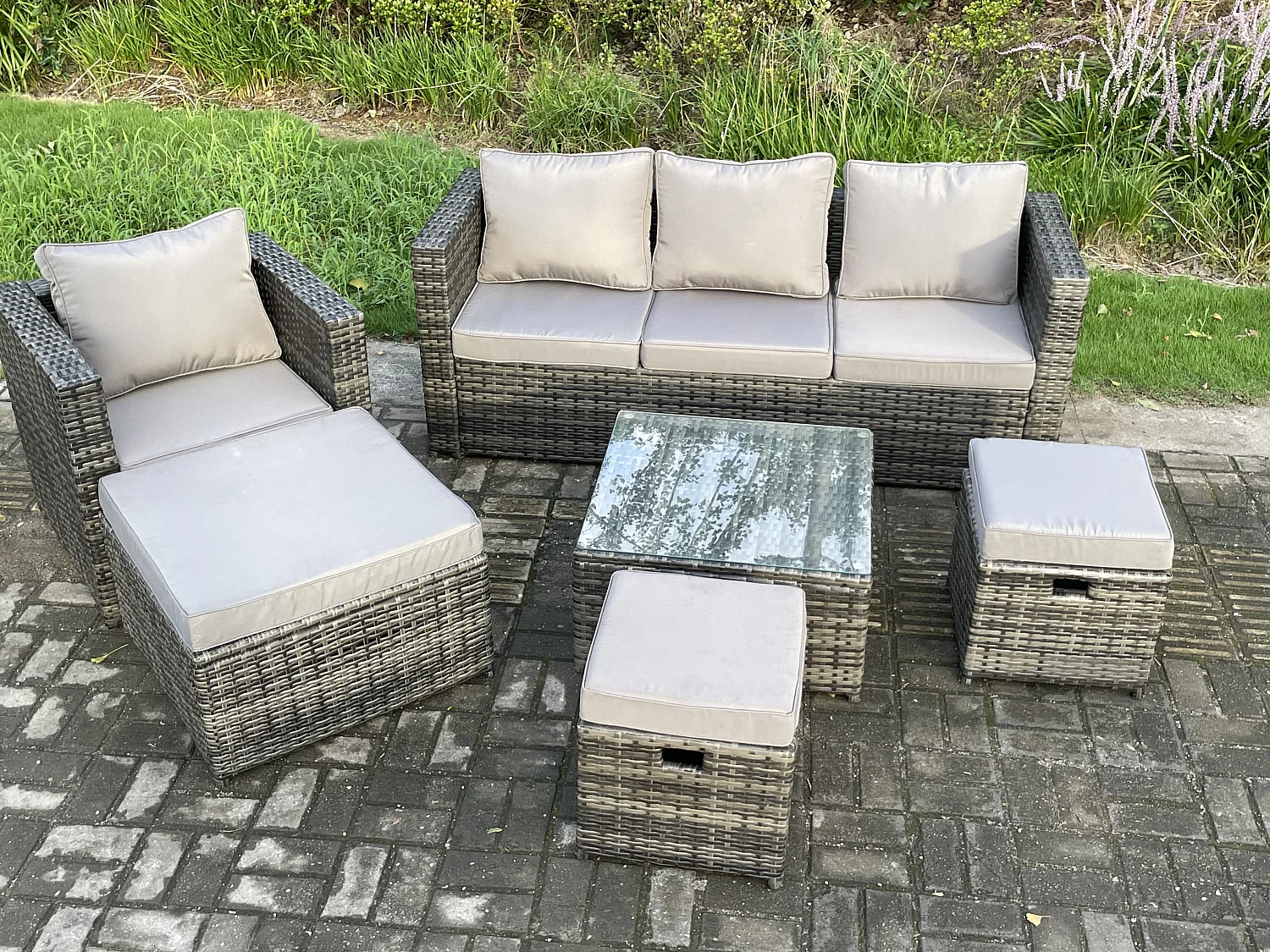 7-Sitzer Gartenset im Freien mit Couchtisch Polyrattan Dunkelgrau