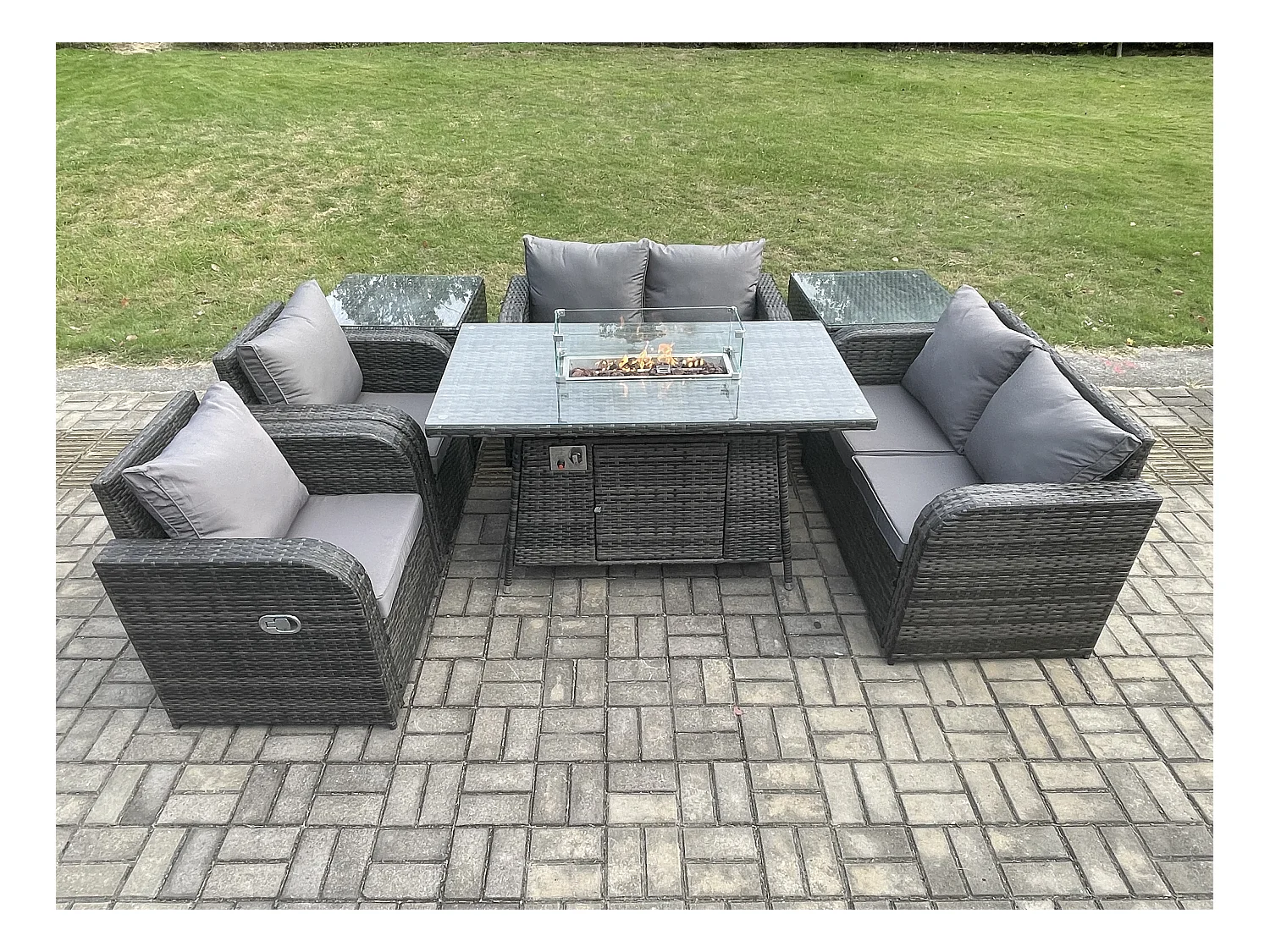 Gartengarnitur Polyrattan mit Gas Feuerstelle 6-Sitzer