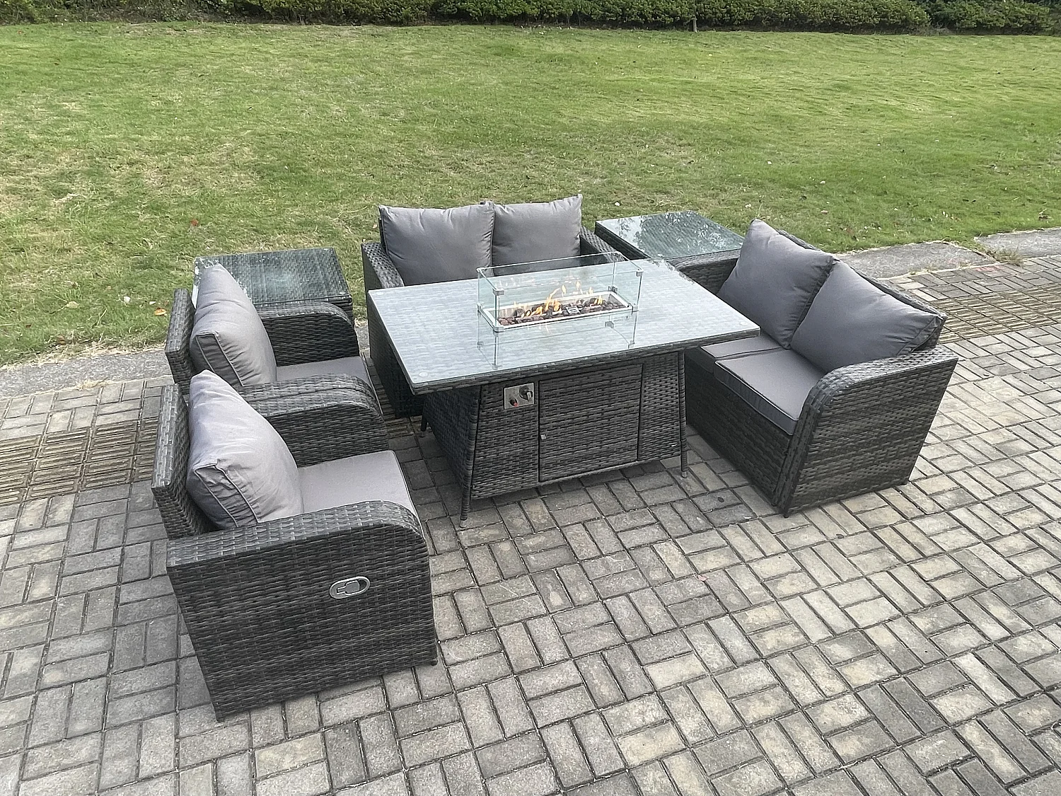 Gartengarnitur Polyrattan mit Gas Feuerstelle 6-Sitzer