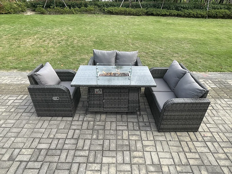 Gartensofa Set mit Gas Feuerstelle Dunkelgrau 5-Sitzer