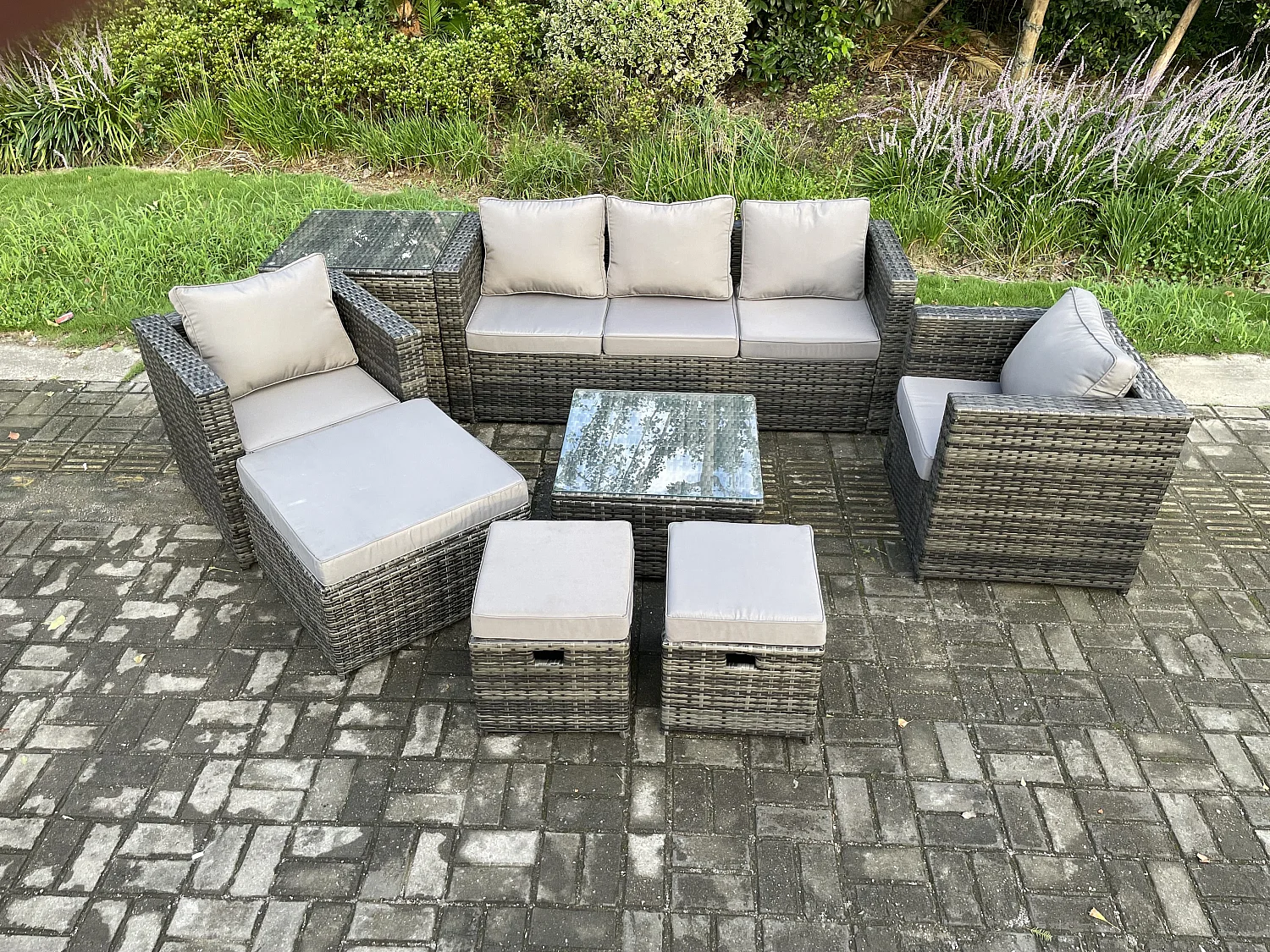 Fimous 8 Seater Wicker Rattan Garden Furniture Sofa Set with Side Table Armchair Square Coffee Table 3 Footstools Dark Grey Mixed