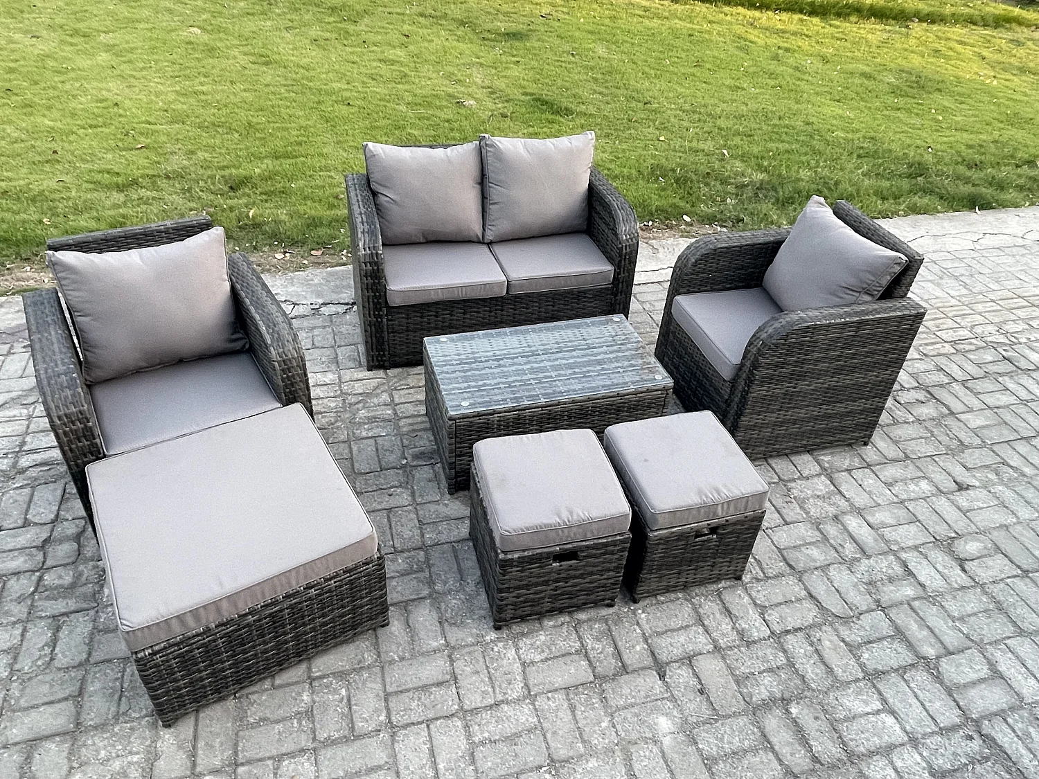 Rattan Gartenmöbel Set mit Gartensofa Dunkelgrau 7-Sitzer