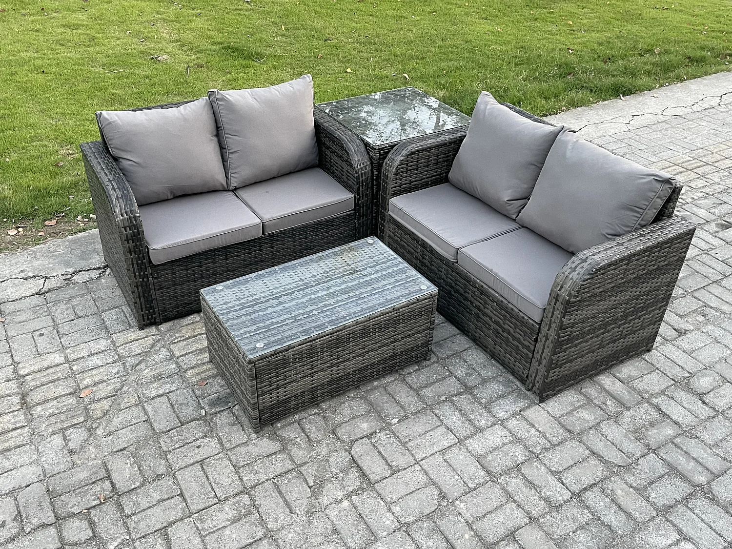 Fimous Outdoor Lounge Sofa Set Rattan Garden Furniture Set with Rectangular Coffee Table Side Table Dark Grey Mixed
