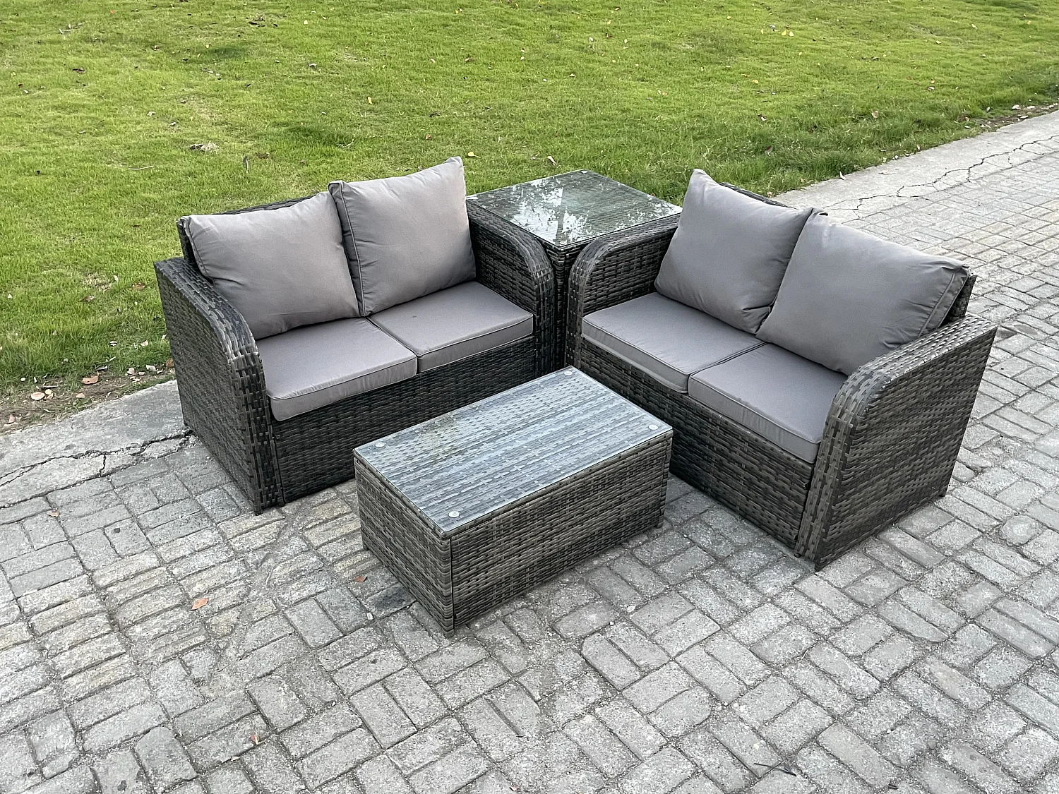 Fimous Outdoor Lounge Sofa Set Rattan Garden Furniture Set with Rectangular Coffee Table Side Table Dark Grey Mixed