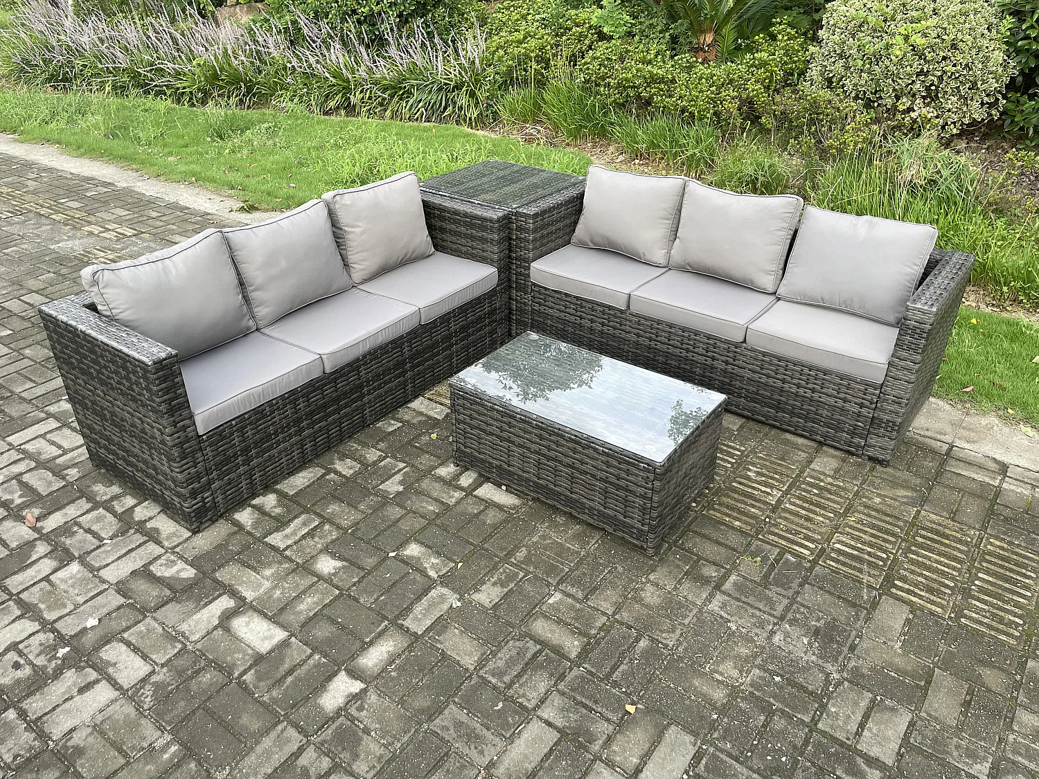 Gartenset im Freien mit Sofa Couchtisch Polyrattan 6-Sitzer Dunkelgrau