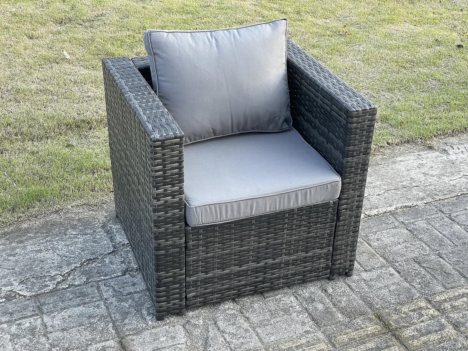Fimous Outdoor Rattan Garden Furniture Set with 3 Seater Sofa Coffee Table 2 Side Tables 2 Armchairs 2 Small Footstool Patio Lounge Sofa Set Dark Grey Mixed
