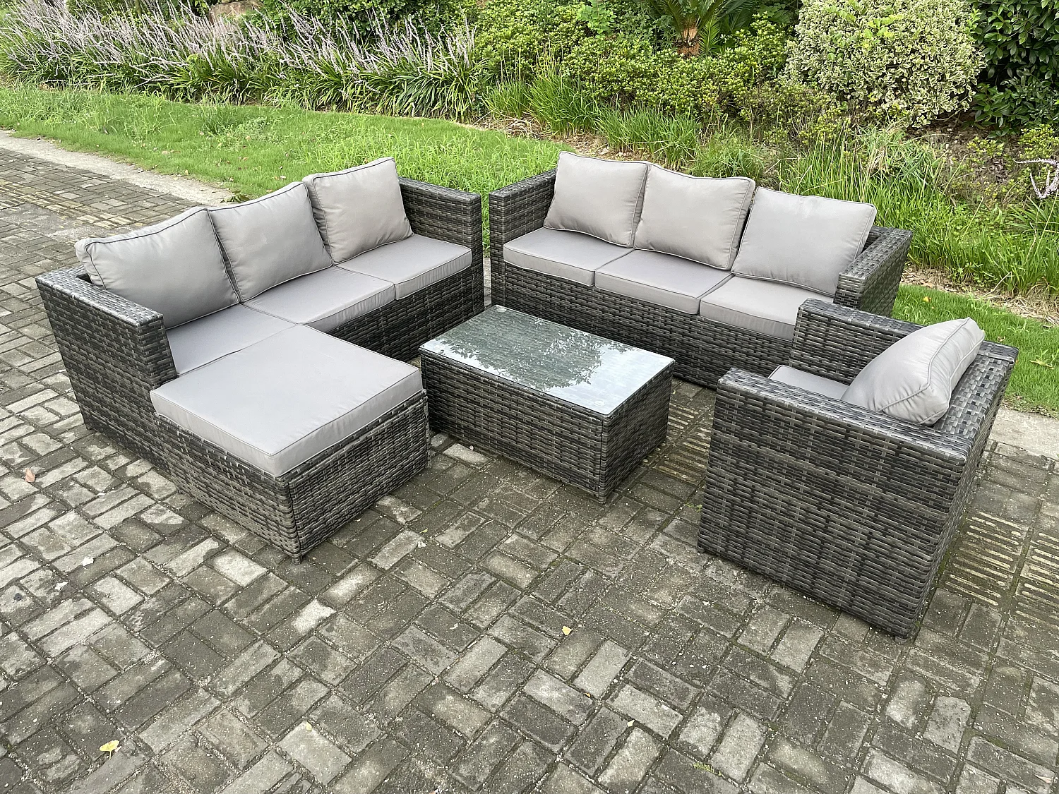 Fimous 8 Seater Rattan Garden Furniture Set Indoor Outdoor Patio Sofa Set with Oblong Coffee Table Armchair Big Footstool Dark Grey Mixed