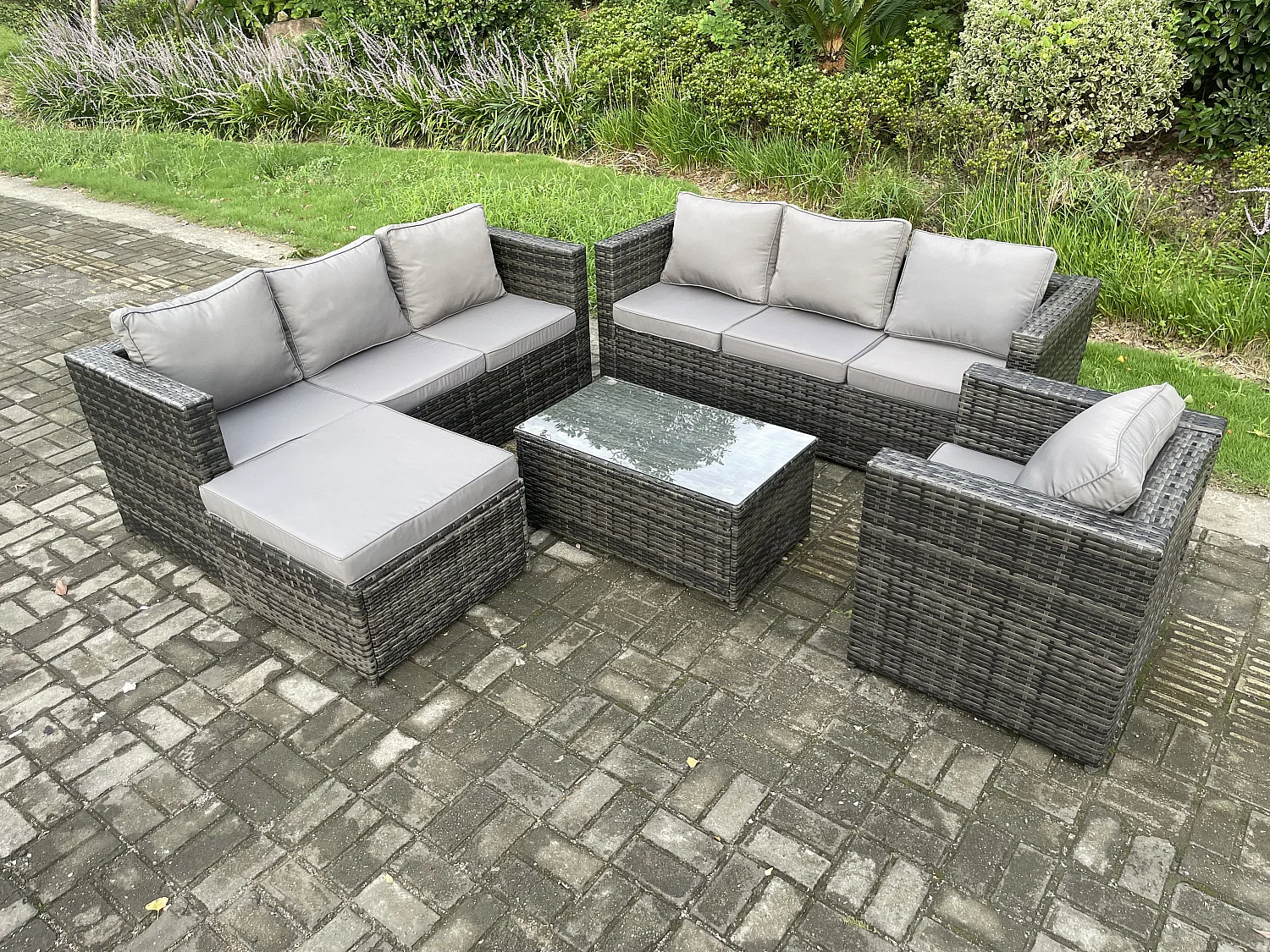 Fimous 8 Seater Rattan Garden Furniture Set Indoor Outdoor Patio Sofa Set with Oblong Coffee Table Armchair Big Footstool Dark Grey Mixed