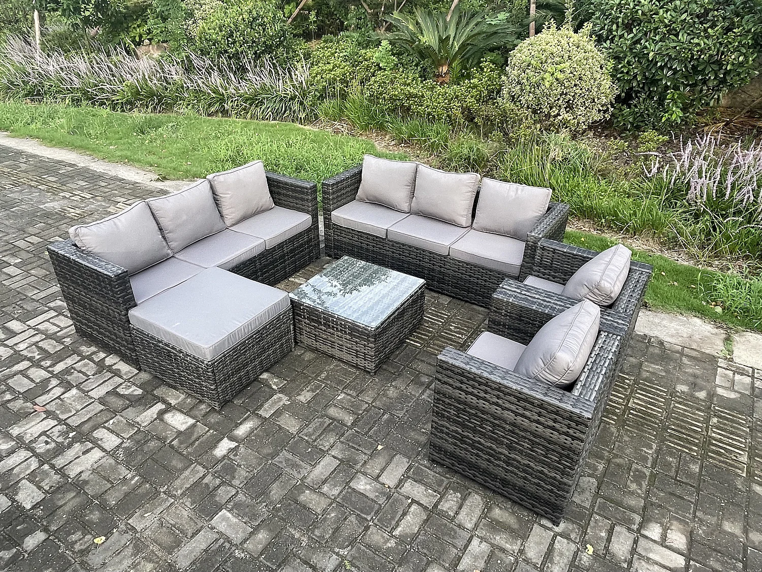 Fimous Outdoor Rattan Garden Furniture Set 9 Seater Patio Lounge Sofa Set with Armchair Square Coffee Table Big Footstool Dark Grey Mixed