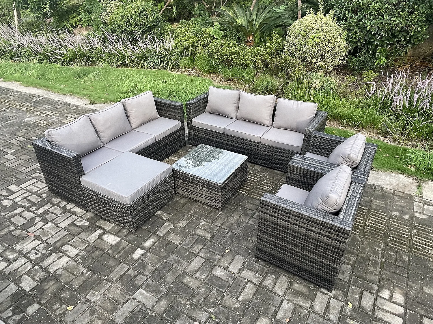 Fimous Outdoor Rattan Garden Furniture Set 9 Seater Patio Lounge Sofa Set with Armchair Square Coffee Table Big Footstool Dark Grey Mixed