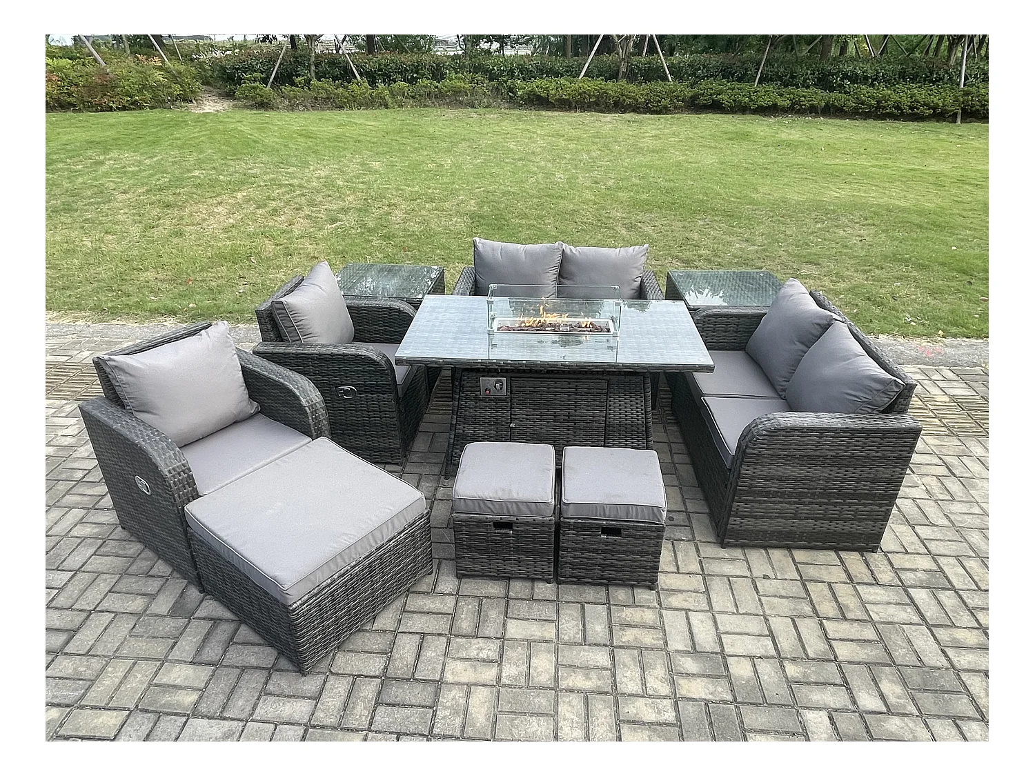 9-Sitzer Gartensofa Garnitur mit Gas Feuerstelle Dunkelgrau
