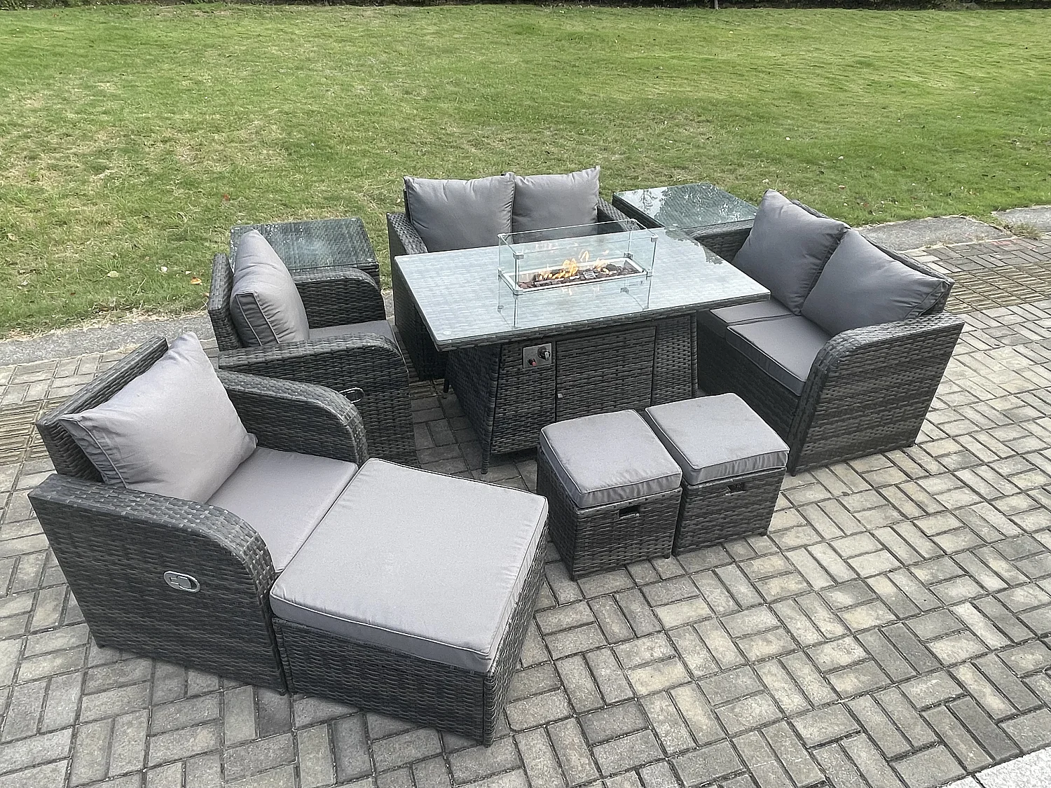 9-Sitzer Gartensofa Garnitur mit Gas Feuerstelle Dunkelgrau