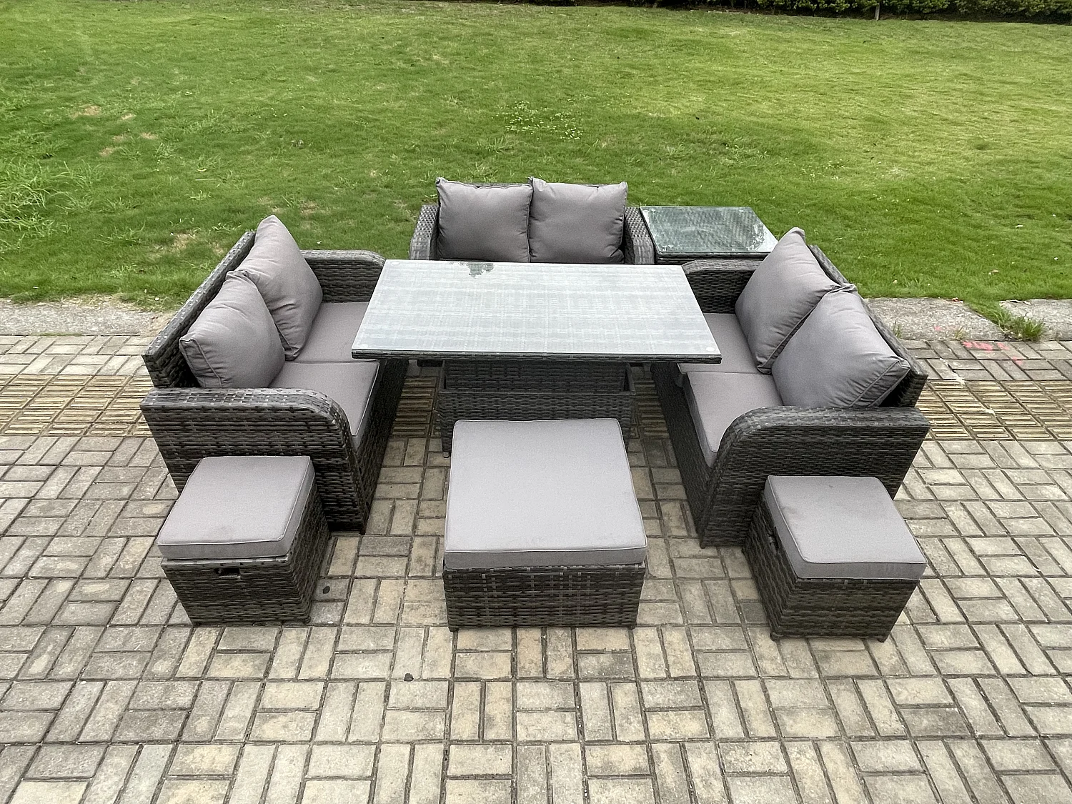 Polyrattan Gartenmöbel Set mit Beistelltisch 9-Sitzer Dunkelgrau