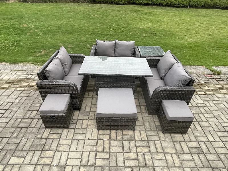 Polyrattan Gartenmöbel Set mit Beistelltisch 9-Sitzer Dunkelgrau
