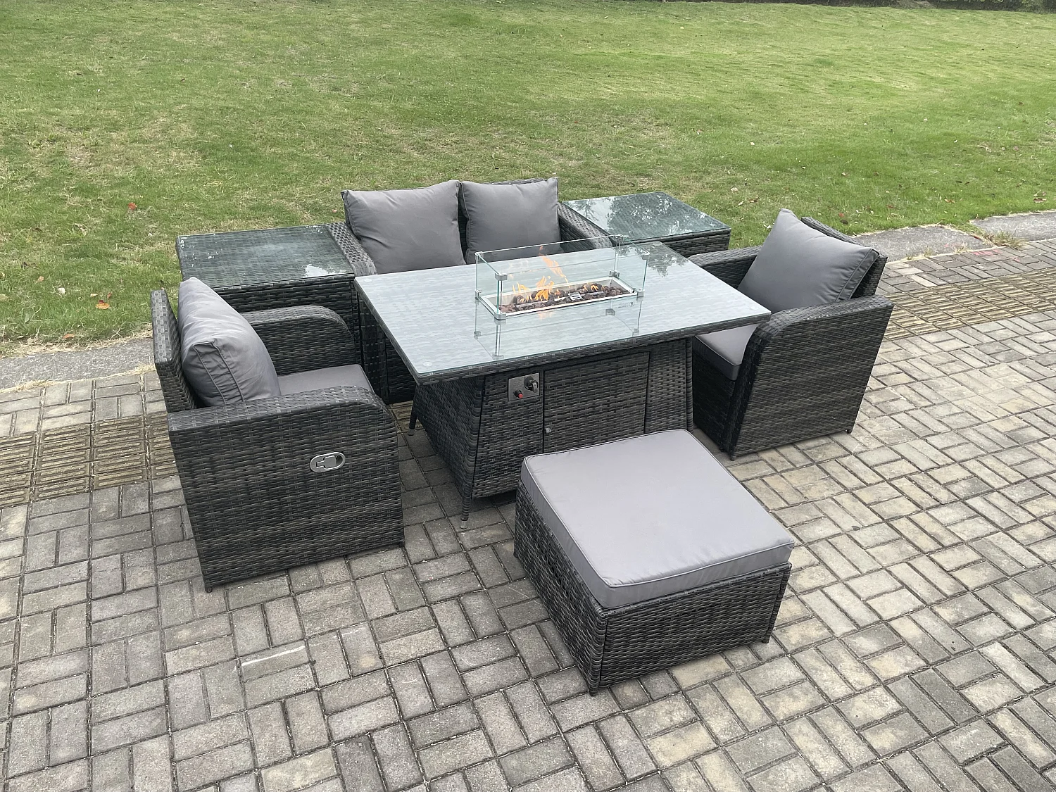 5-Sitzer Gartengarnitur Polyrattan mit Gas Feuertisch